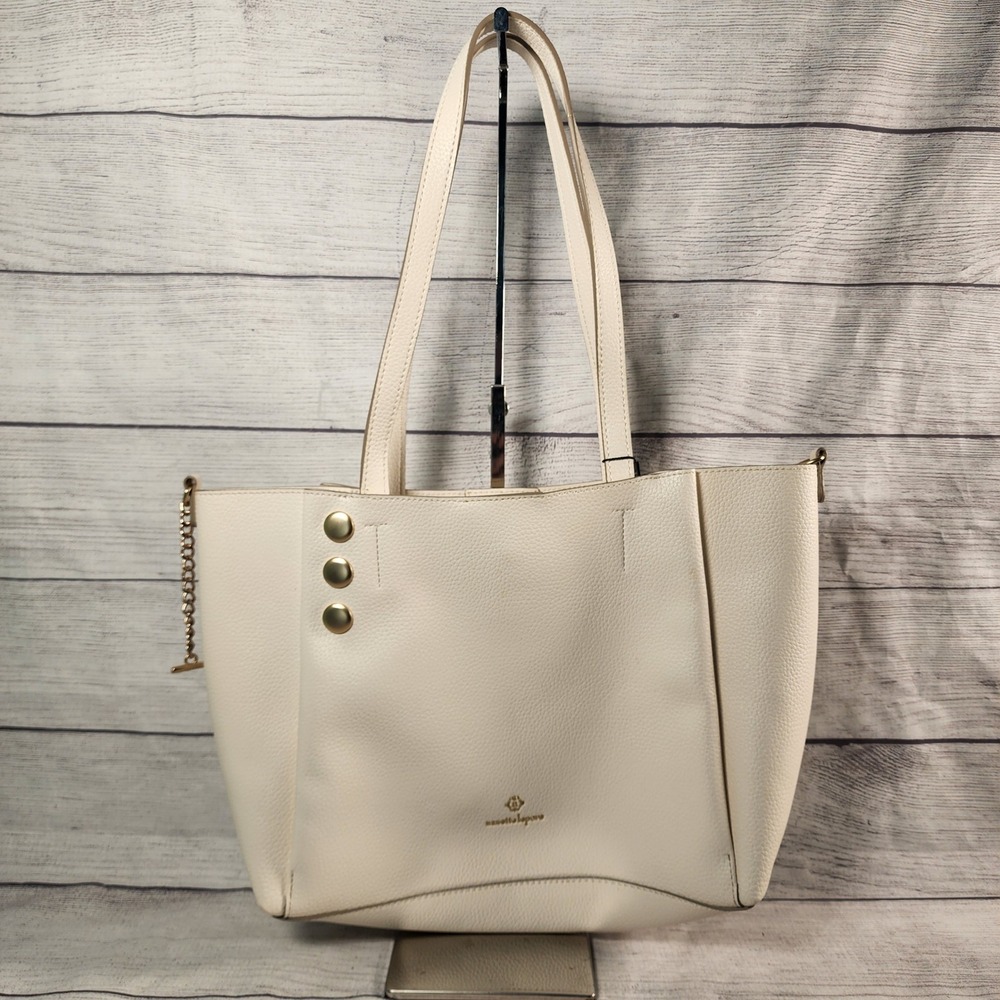 Nanette Lepore Off White Pebbled Vegan Leather Tote Bag Gold Hardware NEW